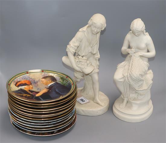 A Victorian parian figure of a youth with a bonnet full of flowers and another of a nymph repairing a fishing net (cracked) tallest 35c
